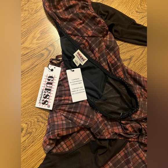 Guess vtg nwt check mesh mini dress mesh sleeve 90s school plaid sheer L - Picture 15 of 16